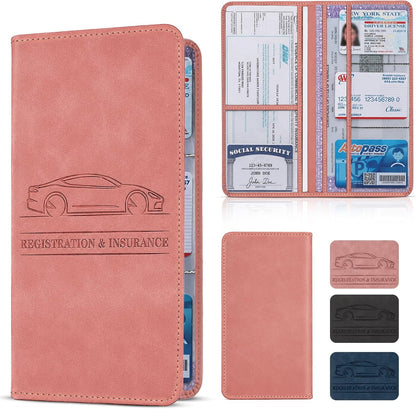 Car Registration and Insurance Card Holder, Magnetic Closure Leather Vehicle Document Organizer, Neat Stitched Glove Box Storage Case, Compact Lightweight Card Holder for Driver License - Black
