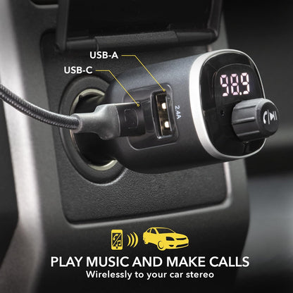 Scosche BTFM8 Bluetooth FM Transmitter Car, Dual 12W USB-C and USB-A Charging Ports, Fast Type-C Car Charger, Wireless Radio Bluetooth Adapter, Hands-Free Car Kit for Calls, Siri and Google Assistant