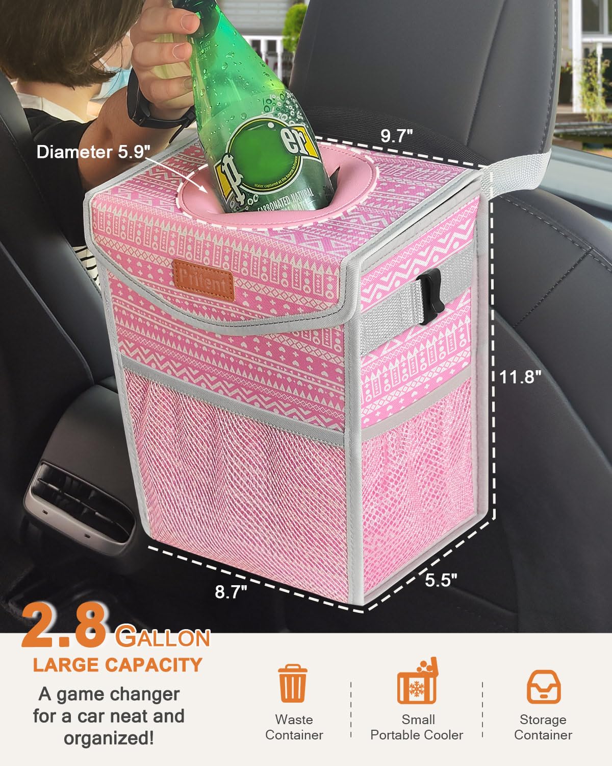 Pritent Car Trash Can with Lid, Cute Leakproof Car Trash Garbage Bag Hanging Vehicle Trash Bin Small Portable Automotive Garbage Cans Organizer for Back/Front Seat/Console(Trapezoid,Black)
