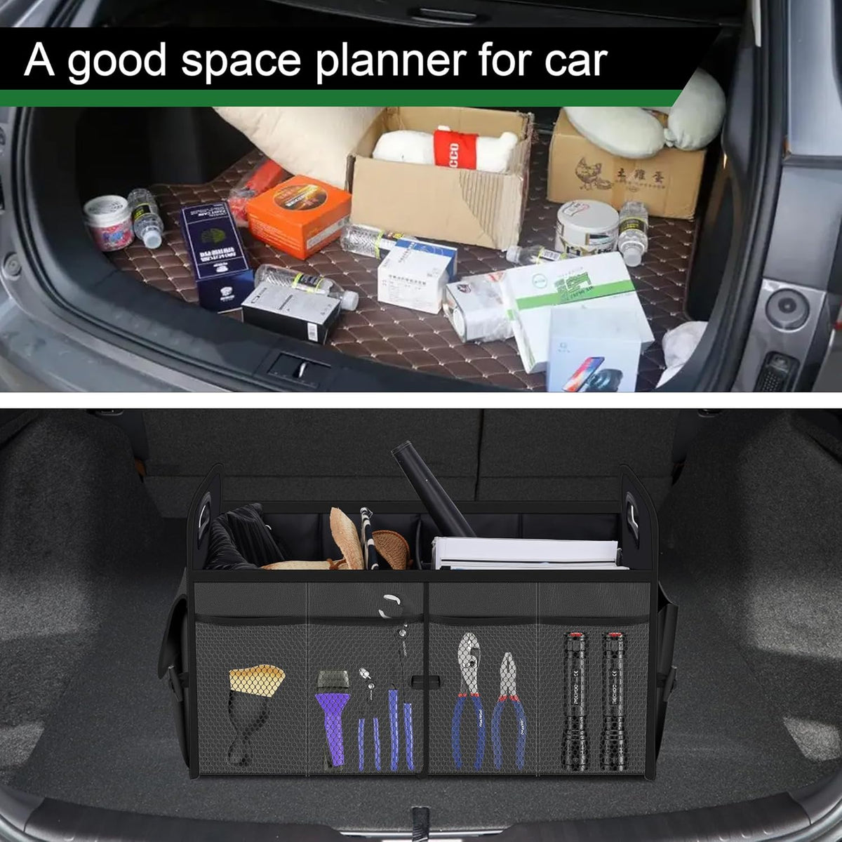 Femuar Car Trunk Organizer with Large Capacity Waterproof Car Accessories for Women & Men, Collapsible Trunk Organizer for Suv/Jeep/Sedan,Tools (Black, Standard)