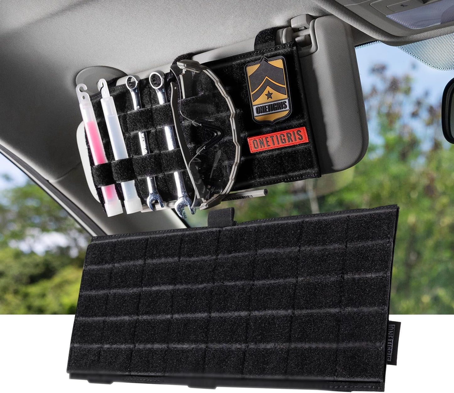 ONETIGRIS Molle Visor Panel Organizer, Tactical Car Sun Visor Organizer Molle Patch Panel Vehicle Visor Storage Holder Pouch, Molle Webbing with Hook-and-Loop Straps for Cars, Trucks, Suvs etc.