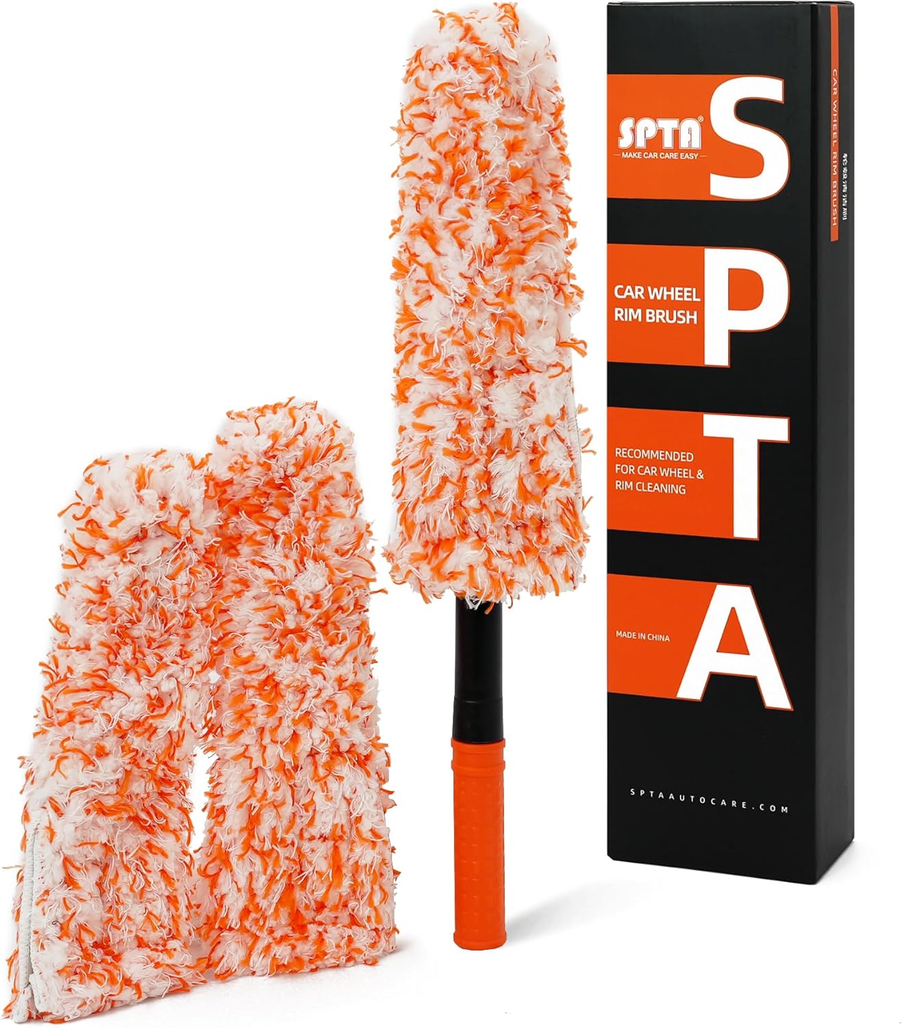 SPTA Car Wheel Brush Set, 2Pcs Microfibre Rim Brush with Extra 2 Large and 2 Small Interchangeable Microfiber Covers, Rim Cleaner Brush for Wheel Cleaning, Wheel Cleaning Brush for All Wheel Types