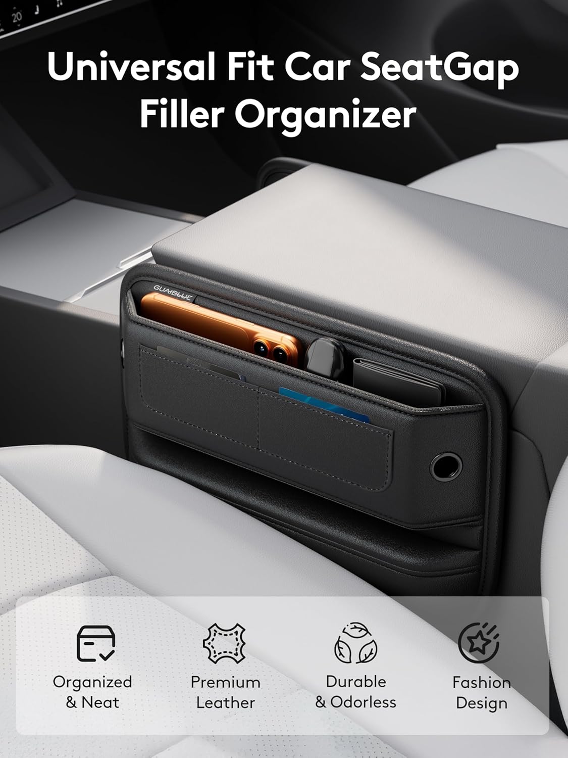 2 Pack Car Seat Gap Filler Organizer with Sun Visor Organizer, PU Leather Seat Gap Filler for Phone, Keys, Cards & Sunglasses, Front Seat Storage Side Pocket for Cars SUVs Trucks