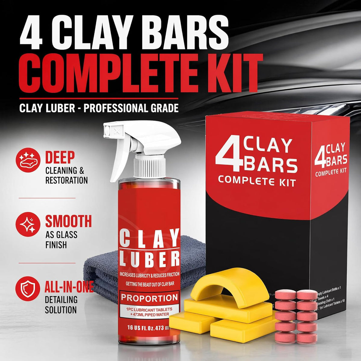 4-Piece Premium Clay Bar Car Detailing Kit - 16oz Clay Lubricant Spray & 10 Lubricant Tablets, Safe for Paint, Glass, Wheels - Removes Contaminants, Sap, Dust for a Smooth Glossy Finish