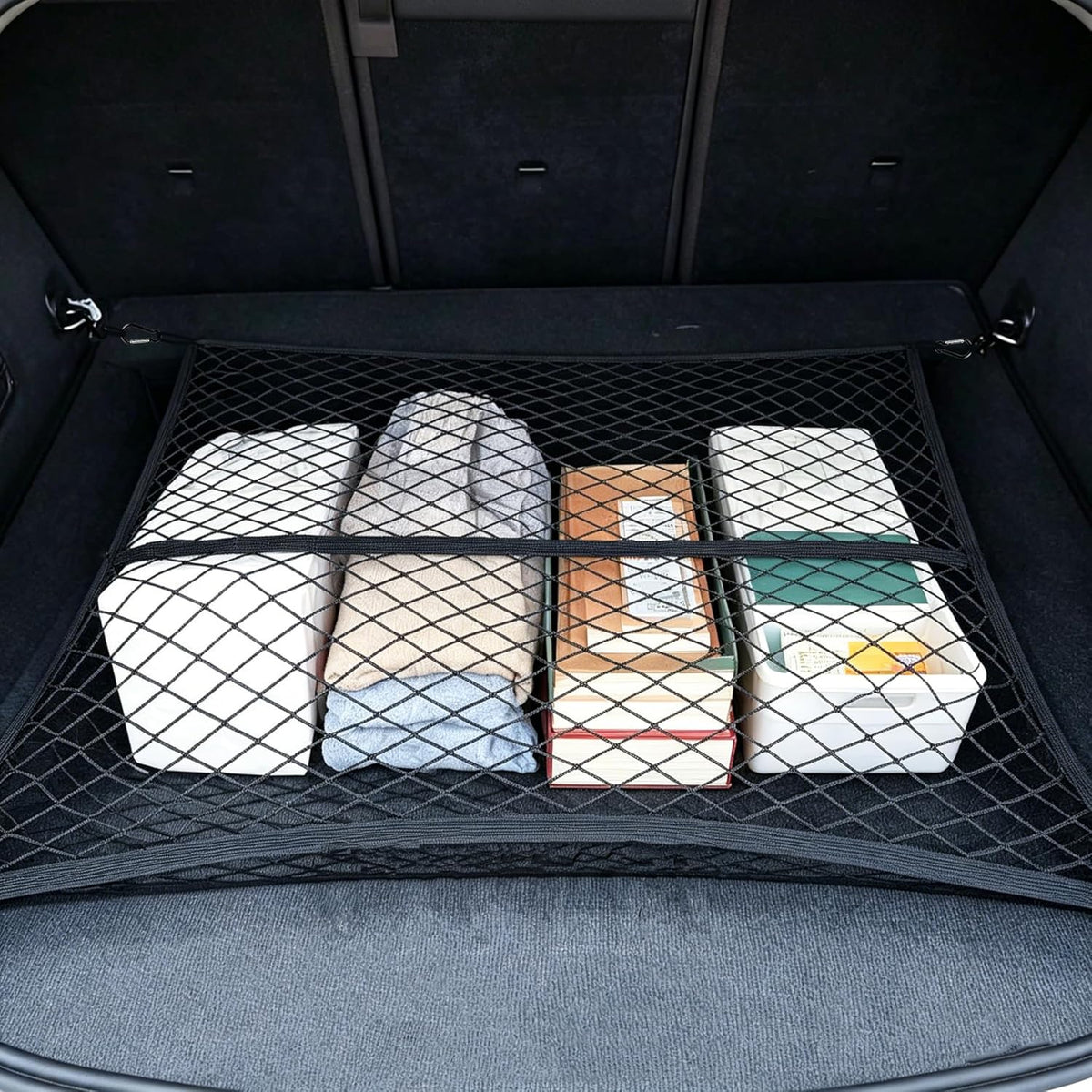 Cargo Net for SUV with Hooks, Adjustable Highly Elastic Storage Organizer Net for Car, Pickup Trucks,Mesh Organizer 2.6'x2' Stretches to 5'x4',Road Trip Essentials Black