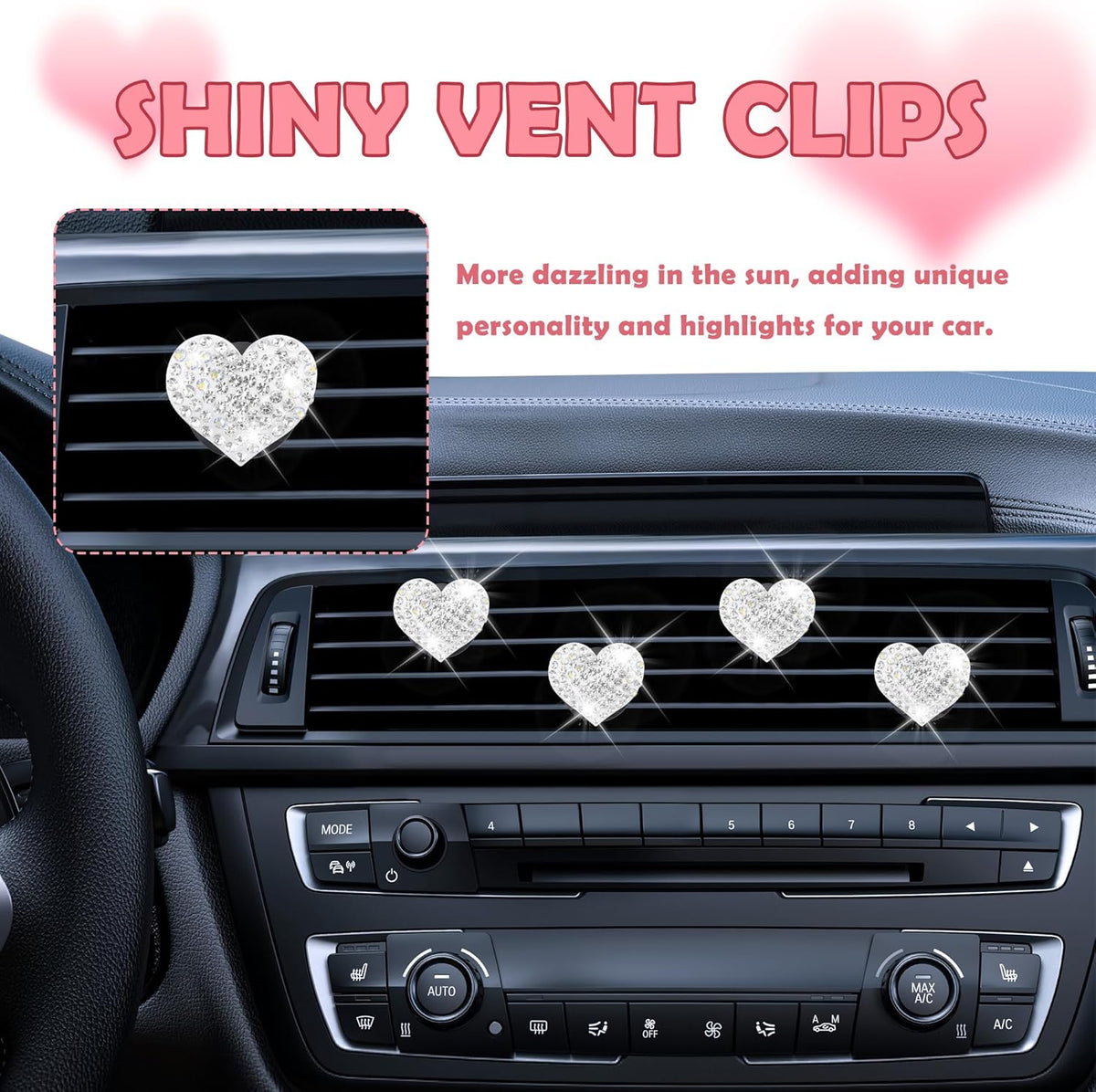 4PCS Heart-Shaped Car Vent Clips with Rhinestone,Bling Air Vent Clips Car Decorations,Premium Shiny Car Clips for Vents CCar Accessories Interior for Cars,Trucks,SUVs (Pink)