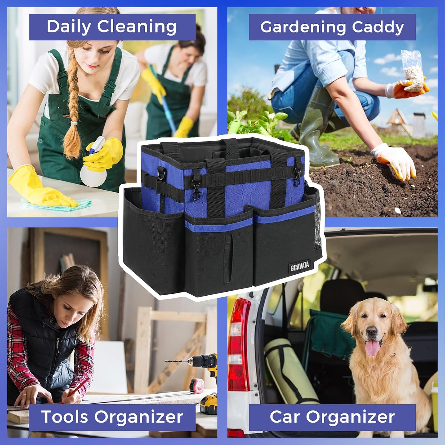 SCAVATA Compact Wearable Cleaning Caddy, Small Supplies Organizer with Handle & Shoulder Straps for Housekeepers, Under Sink & Car Cleaning Tool Organizer Bag (Black)
