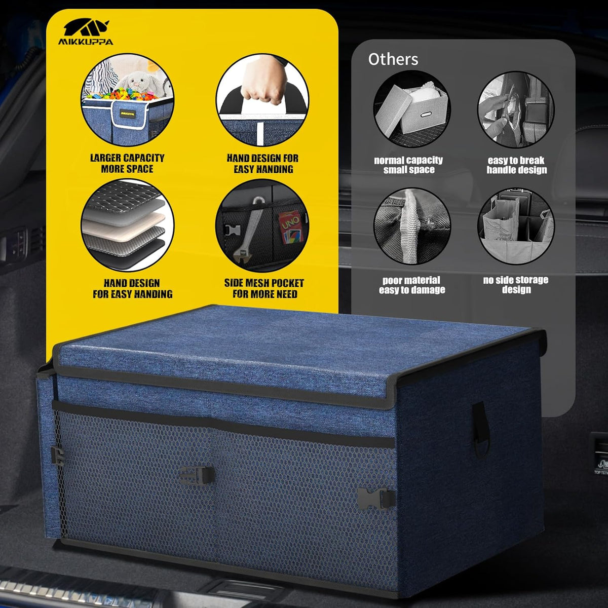 MIKKUPPA Car Trunk Organizer - 65L Collapsible Trunk Organizer with Lid, Sturdy Car Storage for SUV Auto Truck Van with Adjustable Straps and Non Slip Bottom (Black)