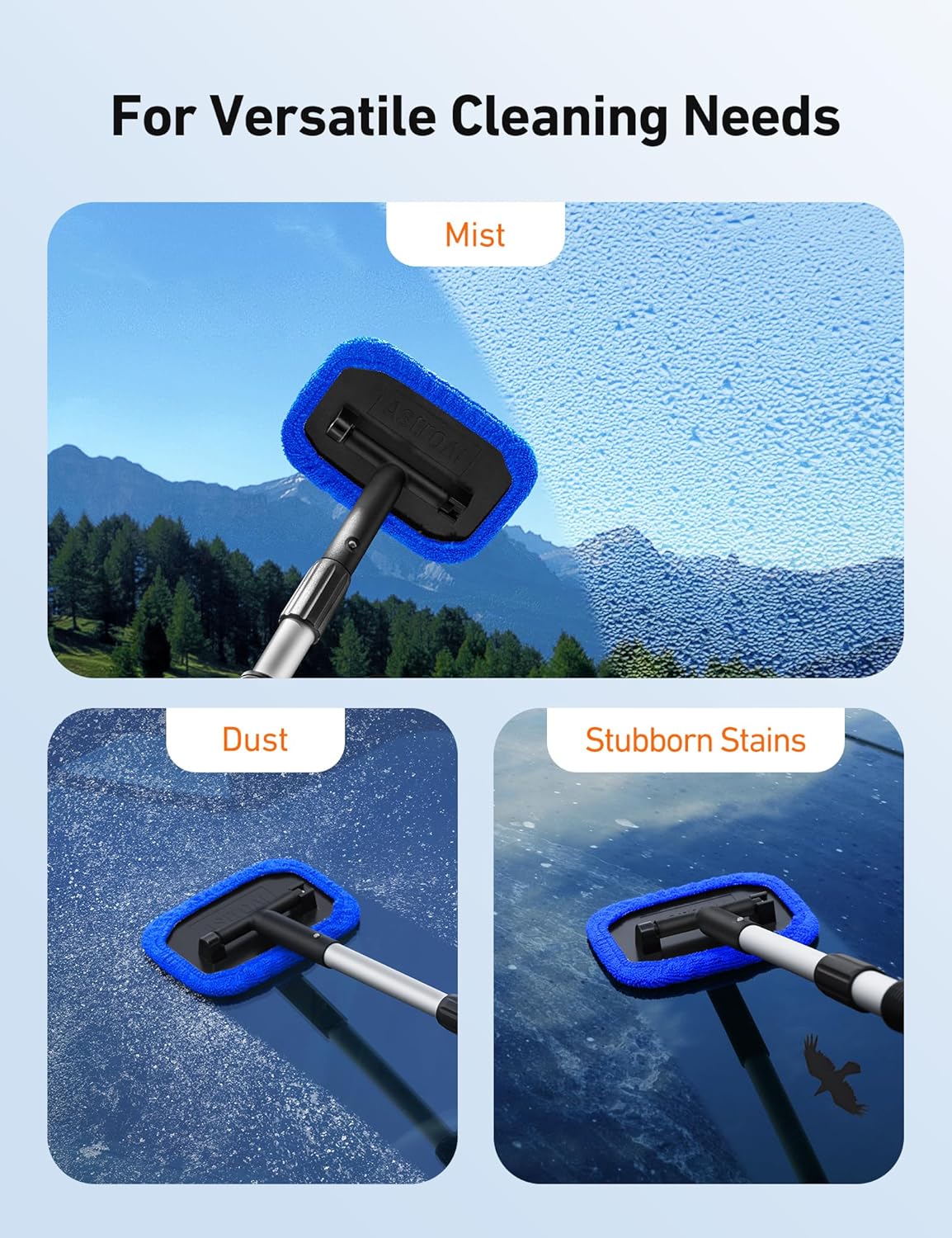 AstroAI Windshield Cleaner Tool, Microfiber Car Window Cleaner with 4 Reusable and Washable Microfiber Pads and Extendable Handle Auto Inside Glass Wiper Kit, Blue