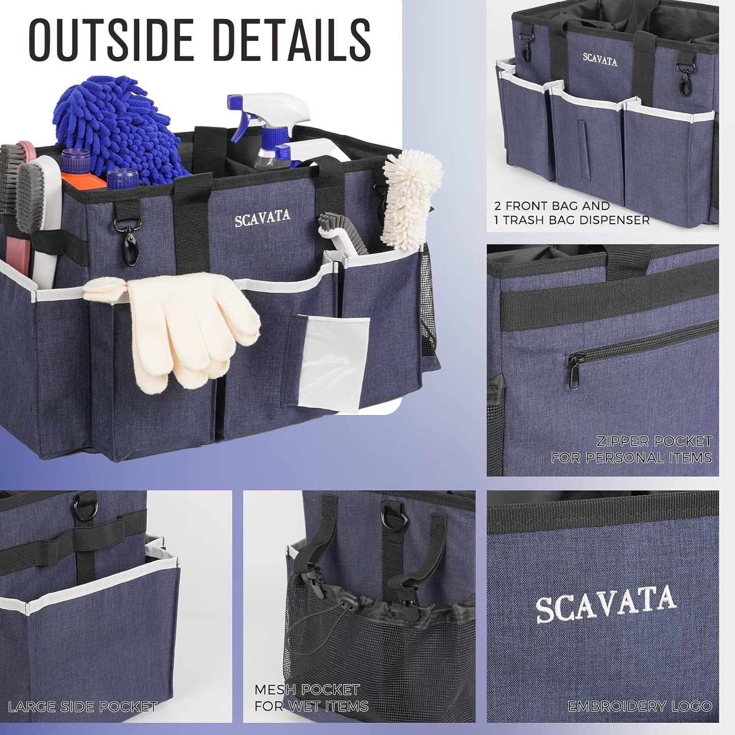 SCAVATA Wearable Cleaning Caddy Bag, Supplies Organizer with Handle & Shoulder Straps for Housekeepers, Under Sink & Car Cleaning Tool Organizer with 4 Foldable Dividers (Black)