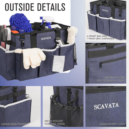 SCAVATA Wearable Cleaning Caddy Bag, Supplies Organizer with Handle & Shoulder Straps for Housekeepers, Under Sink & Car Cleaning Tool Organizer with 4 Foldable Dividers (Black)