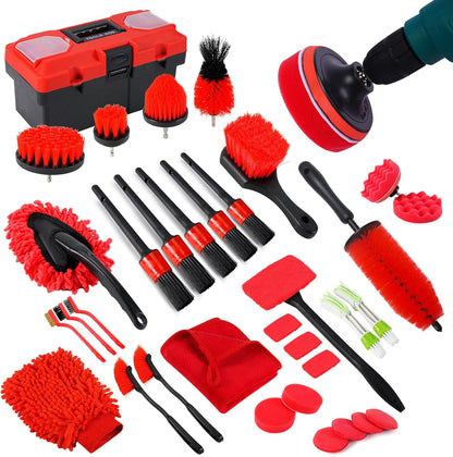 35Pcs Car Detailing Kit & Car Cleaning Kit – Windshield Tool, Long Wheel Brush & 2 Angled Brushes, 4 Polishing Pads & 4 Wax Pads – Red Tool Box – Gift for Men (B：35PCS-R)