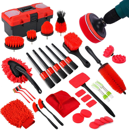 35Pcs Car Detailing Kit & Car Cleaning Kit – Windshield Tool, Long Wheel Brush & 2 Angled Brushes, 4 Polishing Pads & 4 Wax Pads – Red Tool Box – Gift for Men (B：35PCS-R)