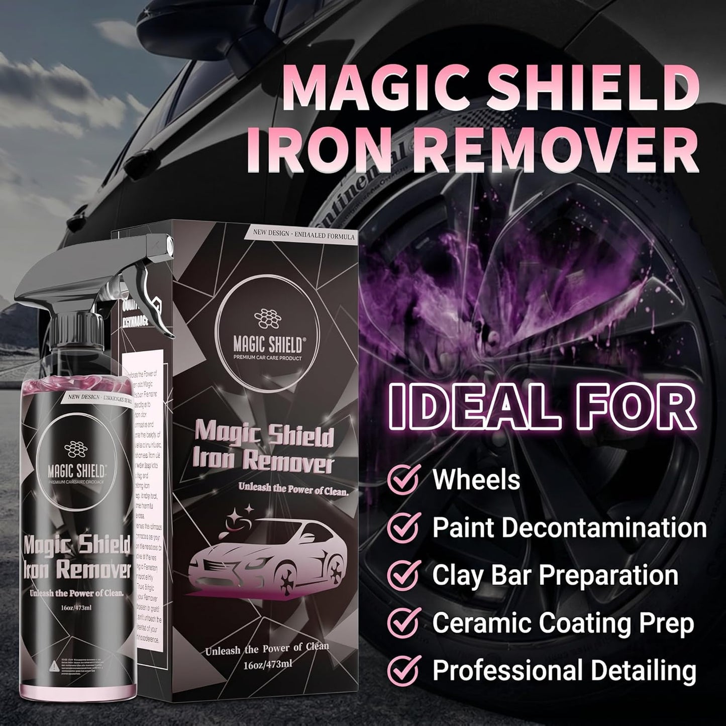 Magic Shield Iron Remover Spray for Cars 16oz - pH-Neutral Iron and Fallout Remover for Car, Motorcycle, RV & Boat | 5-Minute Reaction, Effective on Wheels & Paint | All-In-One Solution