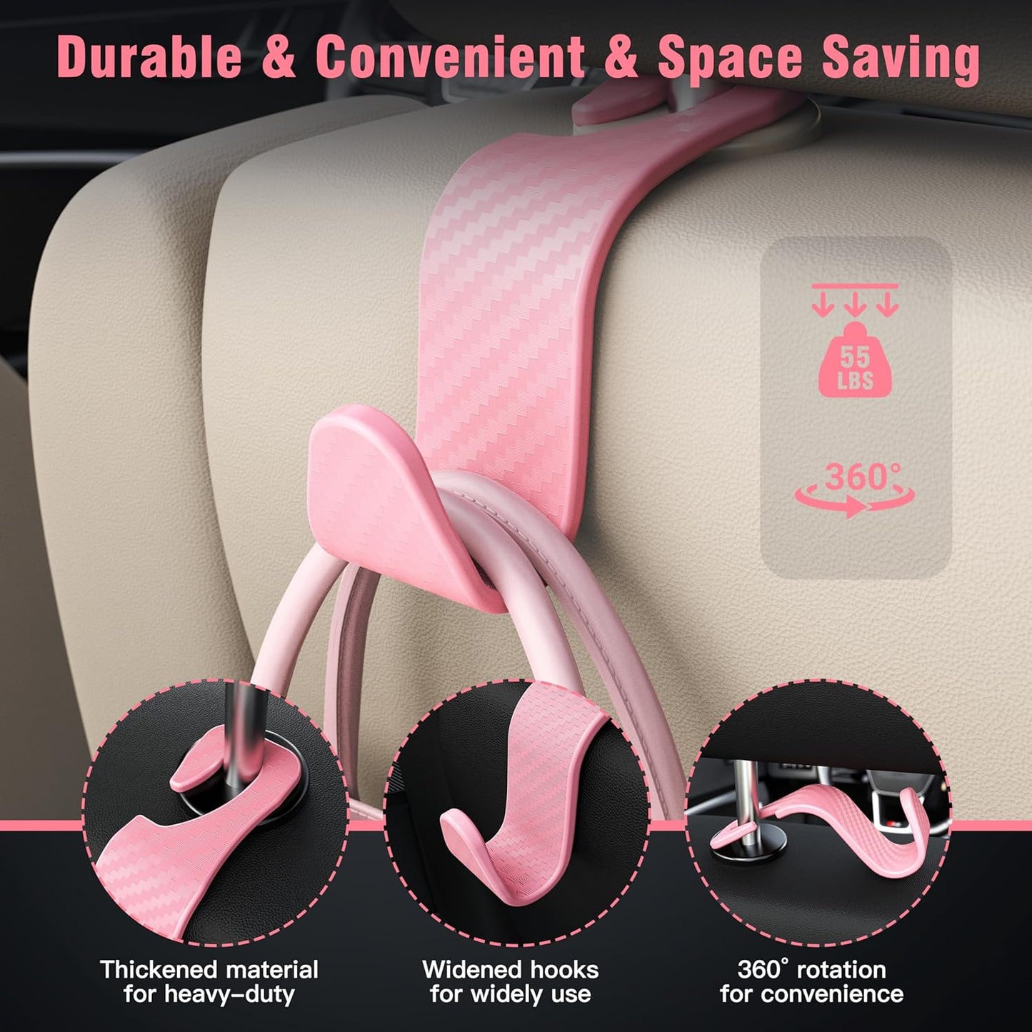 Amooca 4-Pack Car Headrest Hooks Vehicle Storage Organizer for Purses Handbags Groceries Backpack Coats –Holds 55lbs 360° Rotating Black