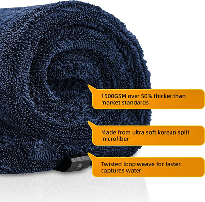 2-Pack 24" x 36" 11.8" x 11.8" Twisted-Loop Car Drying Towel 1500GSM Microfiber Cleaning Cloth for Car Trucks Motorcycles Streak Free Lint Free Ultra Absorbent Washing Cloth for Kitchen Window (Blue)