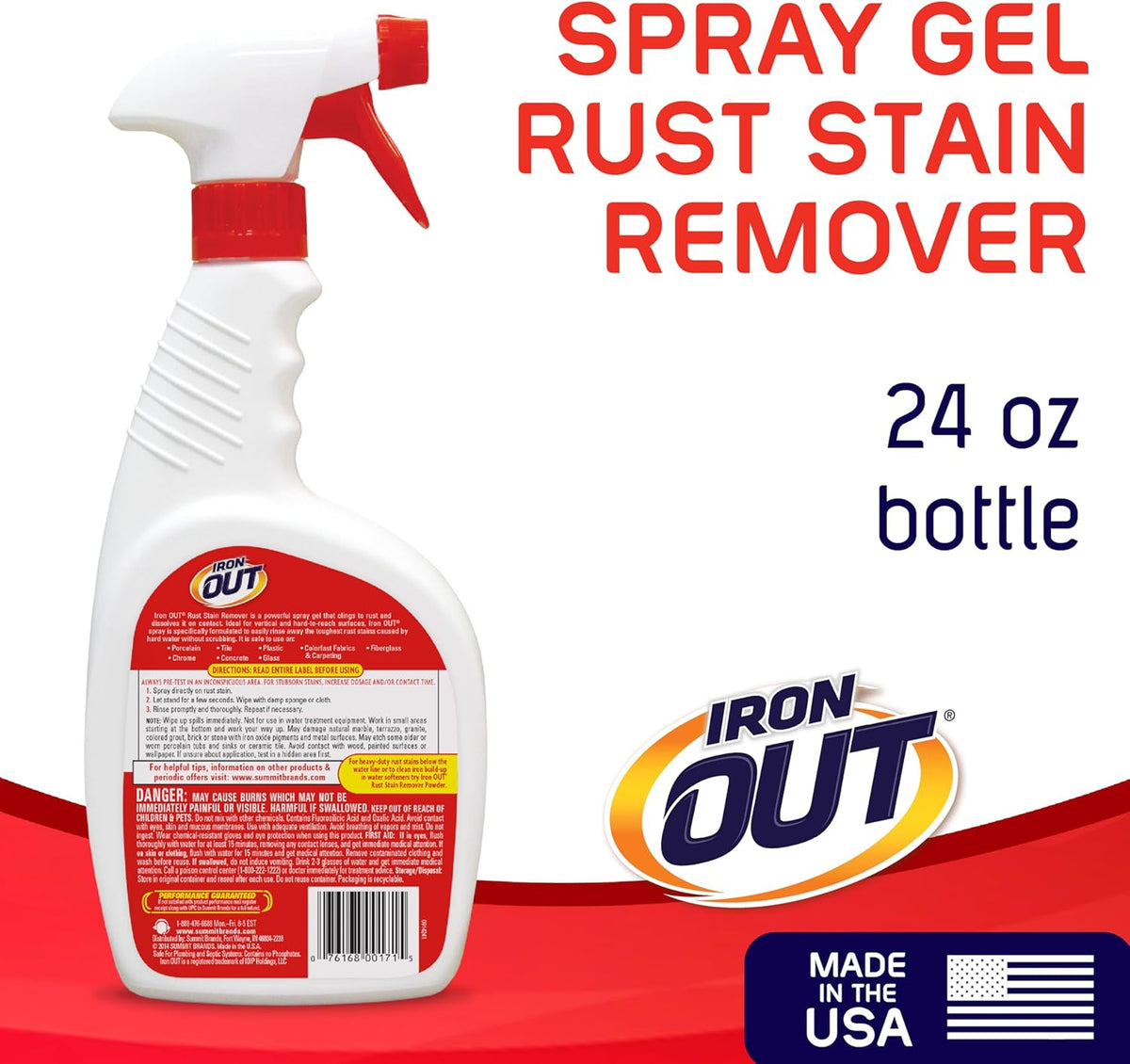 Iron OUT Rust Stain Remover Spray Gel, Remove Rust Stains in Bathrooms, Kitchens, Laundry, and Outdoors, Made in the USA, 24 Ounces