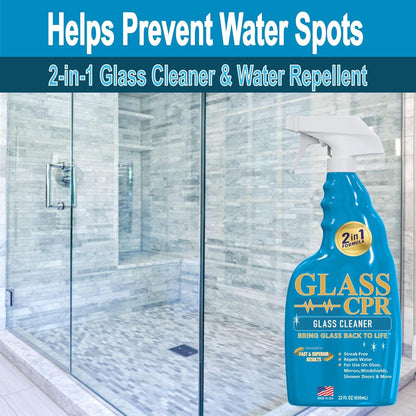 Glass CPR 2-in-1 Glass Cleaner and Water Repellent, 22 oz Spray plus 2 Microfiber Applicator Towels, Streak-Free for Shower Doors, Windshields, Mirrors, Hard Water Stain Formula, Made in USA