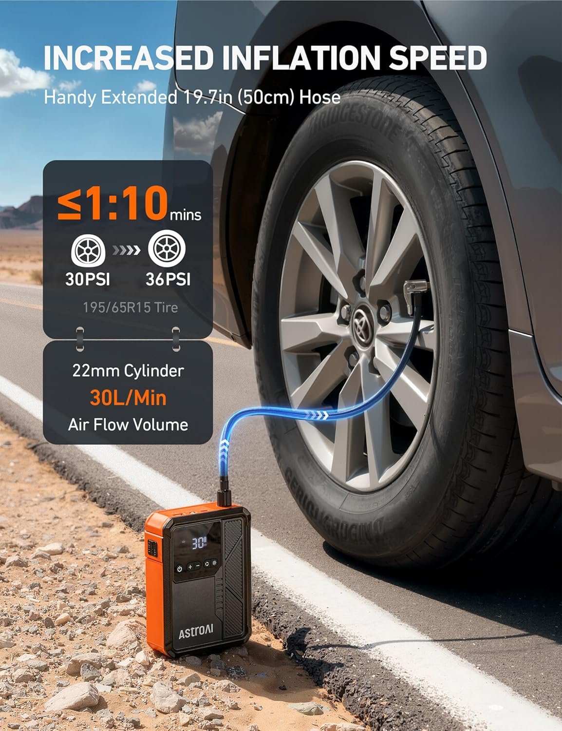 AstroAI S8 Air Jump Starter with Air Compressor, 3000A Peak Car Battery Jump Starter Portable (9.0 Gas/6.5L Diesel) with 150PSI Cordless Auto-Shutoff Tire Inflator, 12V Battery Charger Booster(Orange)