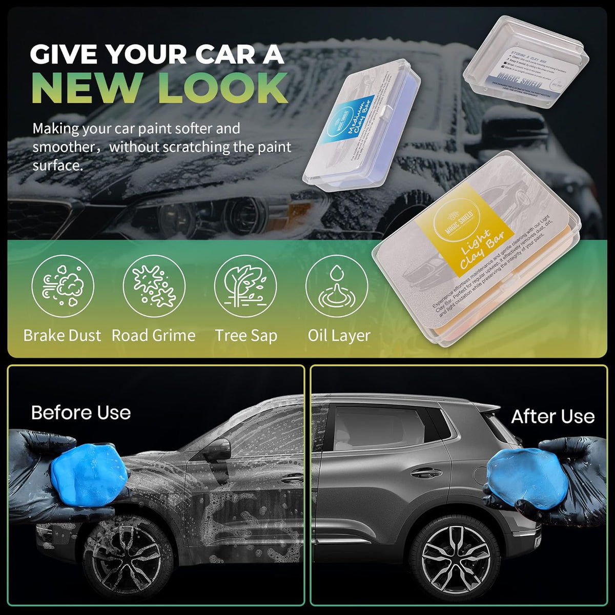 Magic Shield Clay Bar Triple Pack - 100g Each of Light, Medium & Heavy-Duty Clay Bars for Car Detailing - Deep Cleaning & Shine Restoration with Magic Clay Bars for Professional Auto Detailing