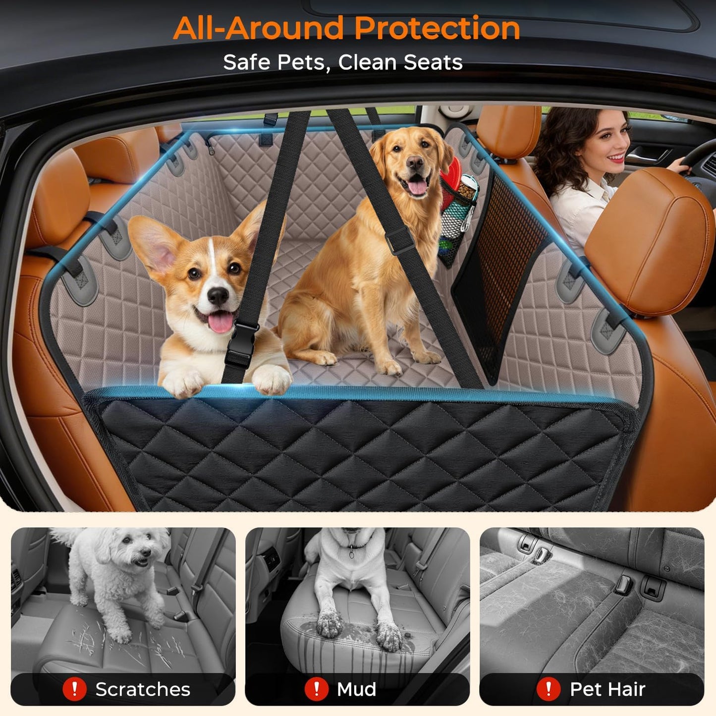 URPOWER Backseat Extender for Dogs - Hard Bottom Dog Car Seat Cover for Back Seat, Dog Hammock for Car and SUV, Pet Rear Seat Protector Dogs Travel Bed with Mesh Window