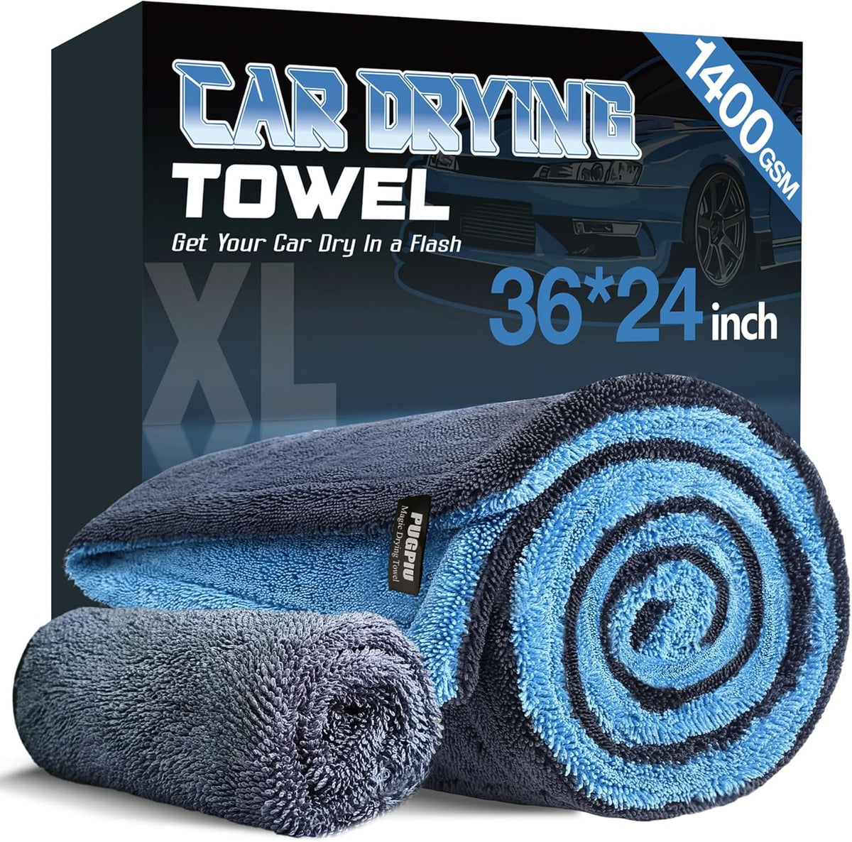 PUGPIU Microfiber Car Drying Towel Extra Large Super Absorbent 48"X24", 1400 GSM Flash Detail Car Wash Drying Towel Edgeless with Two Sided Soft Twisted-Loop, No Water Spots Streaks for Cars (Green)