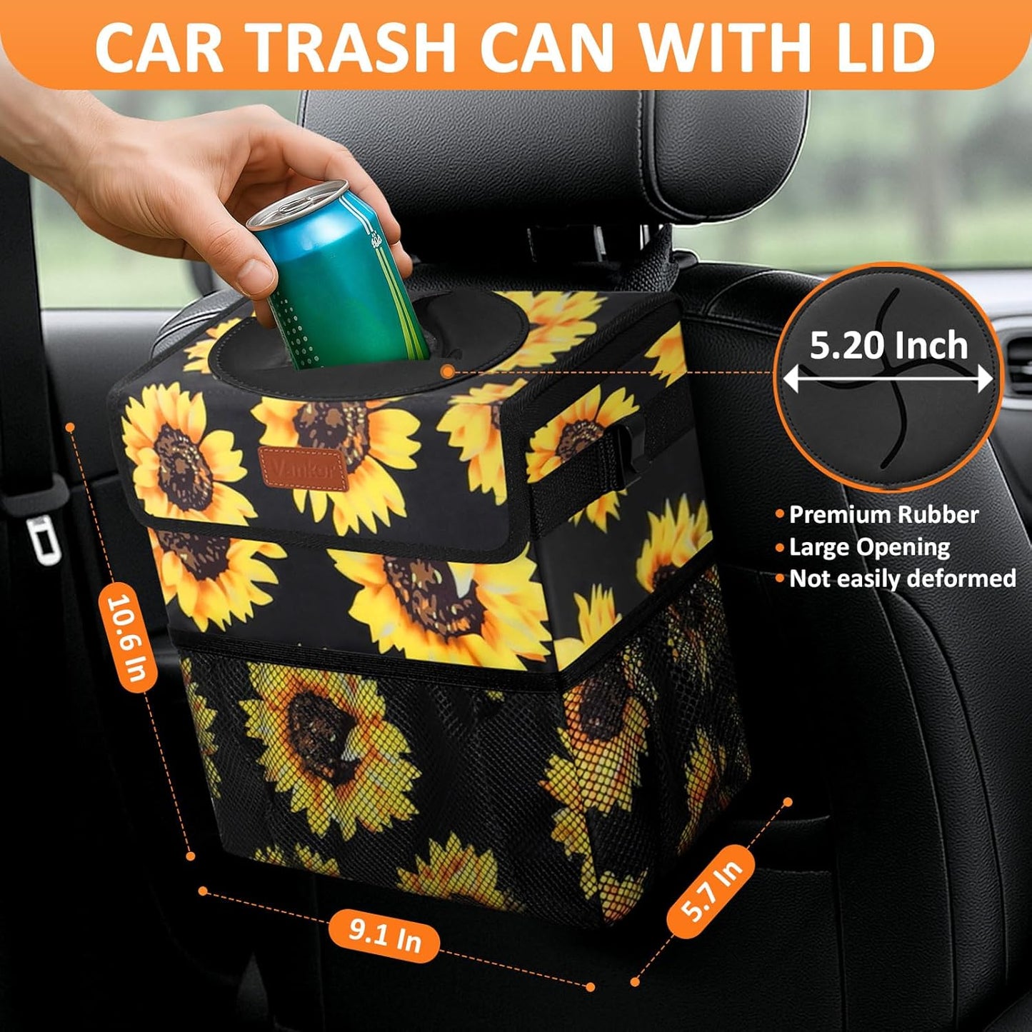 Vankor Car Trash Can Bin with Lid Hanging for Back Seat, Car Accessories for Women Men Leak Proof Automotive Garbage Cans Leakproof Vehicle Trash Can for Truck SUV Black