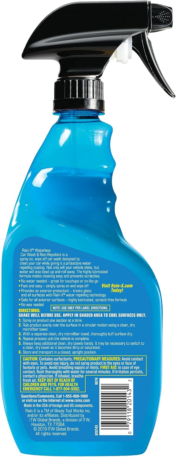 Rain-X 620143 Waterless Car Wash and Rain Repellent, 23 fl. oz. Rinseless Cleaner Spray for a Spot Free Finish, Perfect for Quick and Easy Detailing. Premium No Rinse for on the go Washing