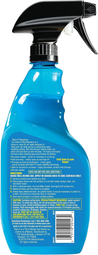 Rain-X 620143 Waterless Car Wash and Rain Repellent, 23 fl. oz. Rinseless Cleaner Spray for a Spot Free Finish, Perfect for Quick and Easy Detailing. Premium No Rinse for on the go Washing