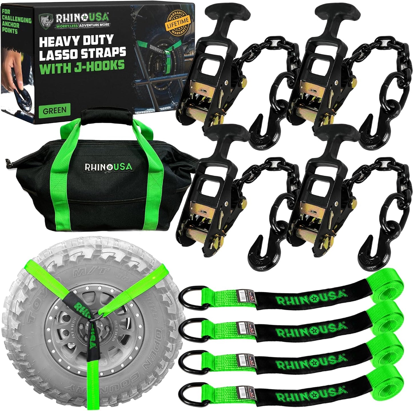 Rhino USA Car Tie Down Straps with J Hooks – 4 Pack 2" x8' – 10,000lbs Break Strength – Heavy Duty T-Handle Car Hauler Tire Lasso Wheel Straps for Trailers, UTV & Powersports – Black