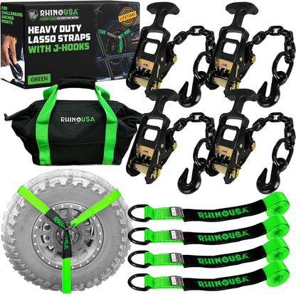 Rhino USA Car Tie Down Straps with J Hooks – 4 Pack 2" x8' – 10,000lbs Break Strength – Heavy Duty T-Handle Car Hauler Tire Lasso Wheel Straps for Trailers, UTV & Powersports – Black