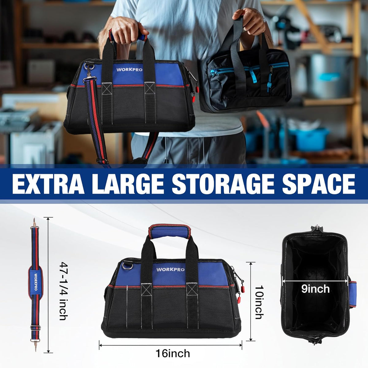 WORKPRO 16-inch Wide Mouth Tool Bag with Water Proof Molded Base | Multi-Pocket, Heavy Duty Cloth, Adjustable Shoulder Strap, Double-pull Zipper, For Workshops, Outdoor Projects