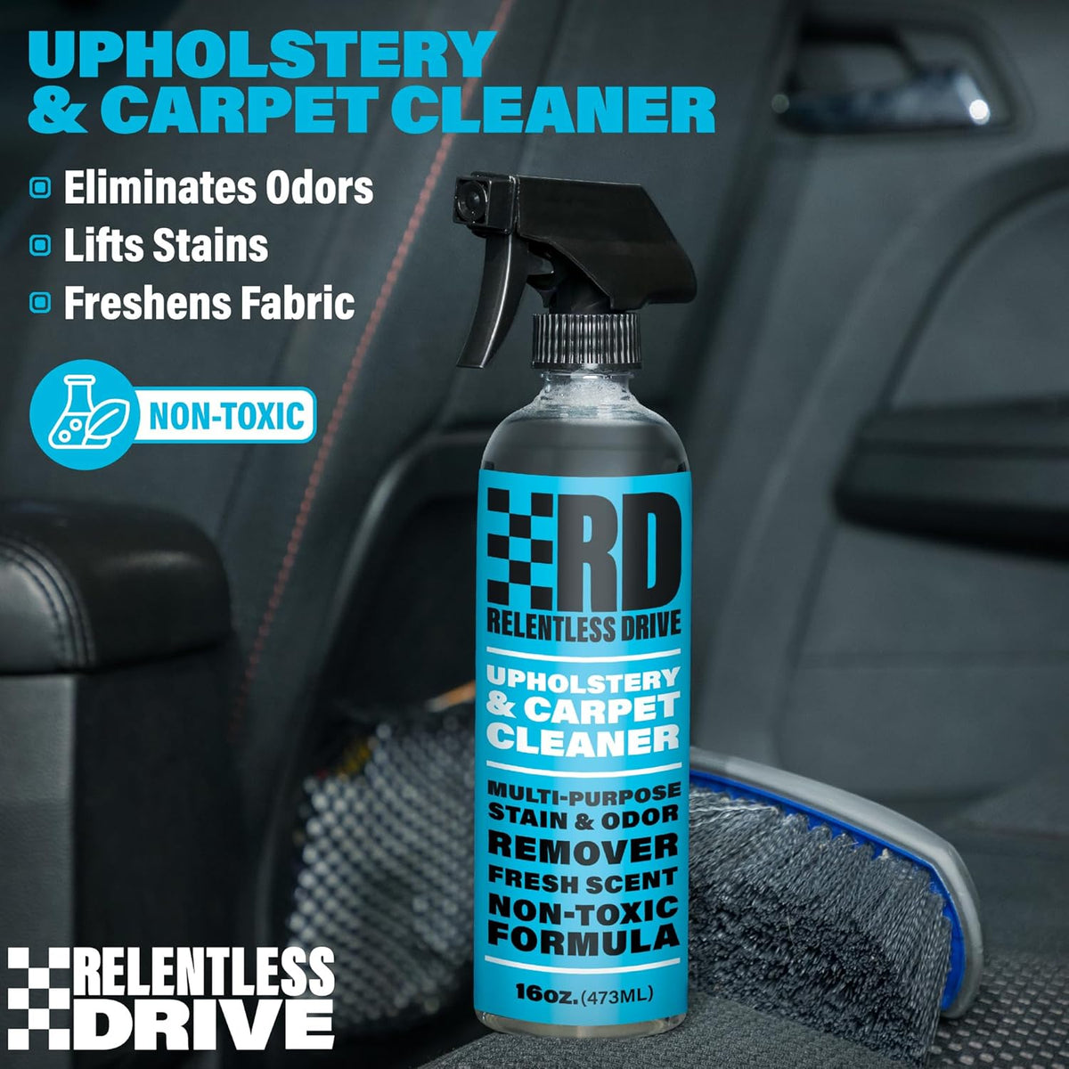 Relentless Drive Car Upholstery & Carpet Cleaner – Professional Interior Seat Cleaner for Fabric, Floor Mats & Auto Upholstery, Safe for All Cars, Kit with Heavy Duty Brush (16oz)
