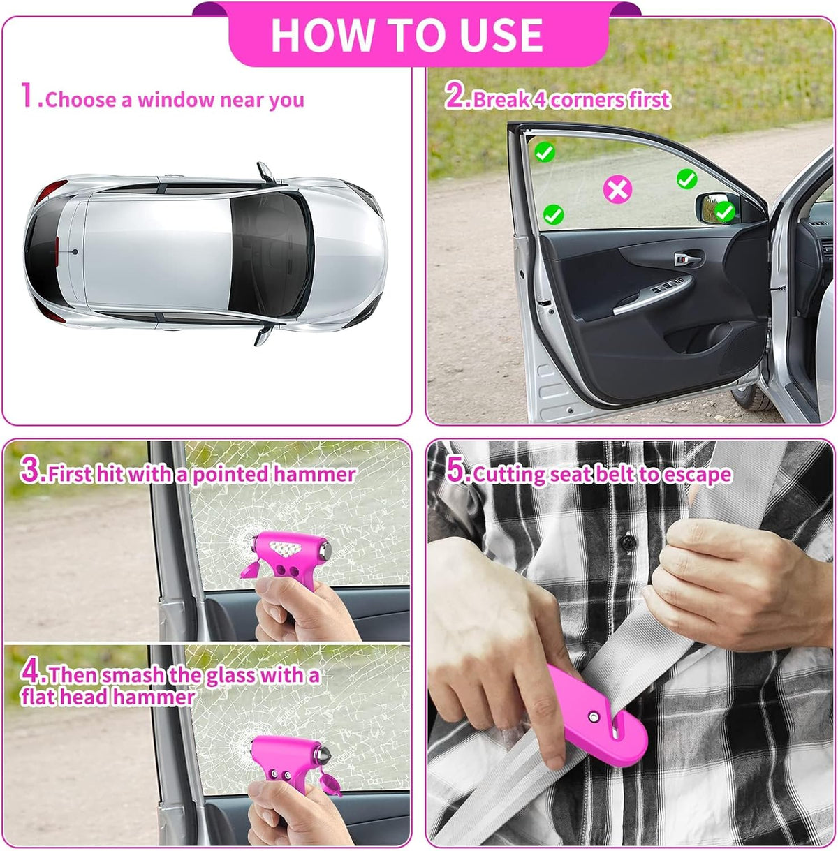 Car Safety Hammer, 2PCS Black 3-in-1 Emergency Escape Tool with Window Breaker and Seat Belt Cutter, Safety Emergency Car Escape Tool for Car, Office, Home