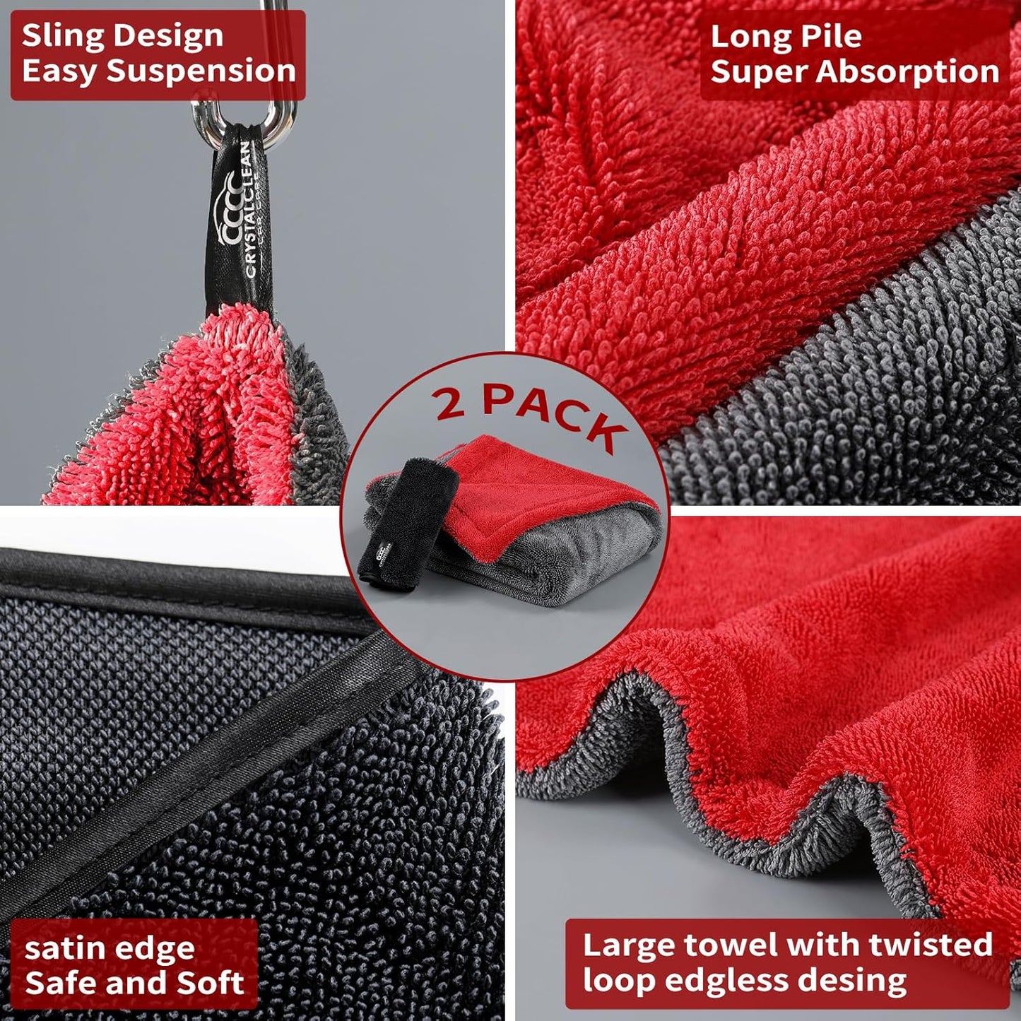Crystal Clean 1300GSM Car Drying Towel - XL (24x36) Microfiber Towels for Cars with Double Twisted Loop, Professional Detailing Towel for Car Detailers - Quick Dry, Paint Safe & Swirl-Free
