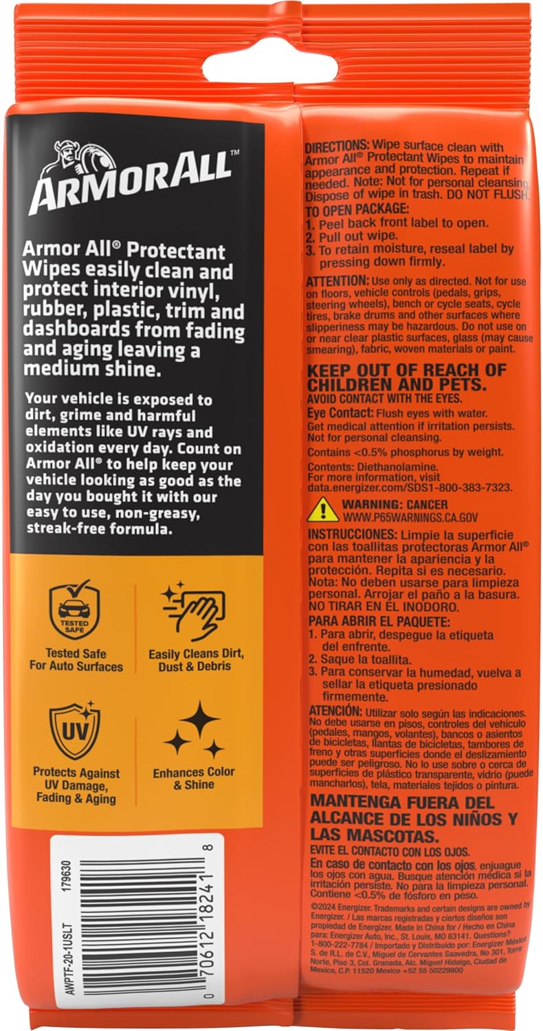 Armor All Car Protectant Wipes, Interior Car Wipes with UV Protection Against Cracking and Fading, 60 Wipes