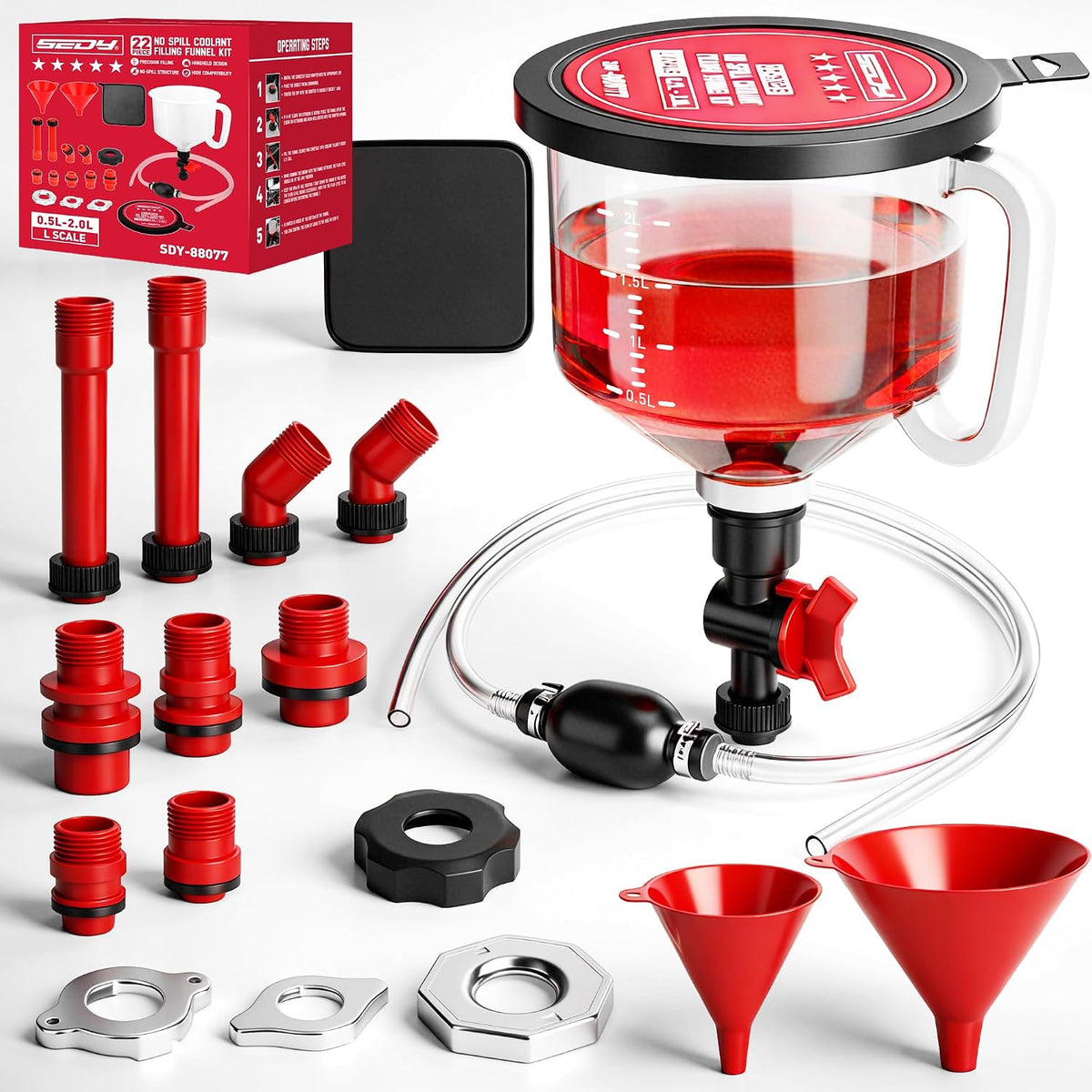 18-Piece Engine Oil Funnel Kit, 1.59QT/1.5L Automotive Oil Funnel Set with 12 Adapters, Elbow Fitting, Arrow Screen and Magnetic Storage Hooks Tray, Compatible with GM, Ford, BMW, Audi, Land Rover Etc