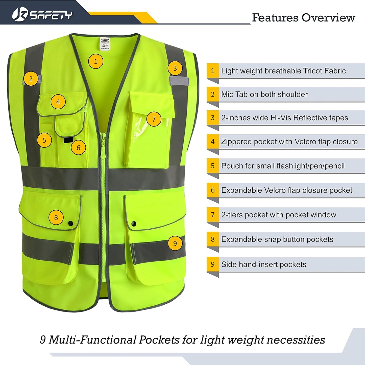 JKSafety 9 Pockets Class 2 High Visibility Zipper Front Safety Vest With Reflective Strips,Meets ANSI/ISEA Standard (Large, 150-Yellow) - Colors A