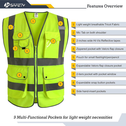 JKSafety 9 Pockets Class 2 High Visibility Zipper Front Safety Vest With Reflective Strips,Meets ANSI/ISEA Standard (Large, 150-Yellow) - Colors A