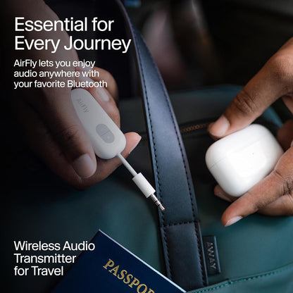 AirFly Pro 2 Deluxe – Bluetooth Adapter for Airplane, Pair 2 AirPods or Wireless Headphones – 3.5mm AUX Bluetooth Transmitter/Receiver for Cars, Boats, Treadmills, TVs – Airplane Travel Essentials