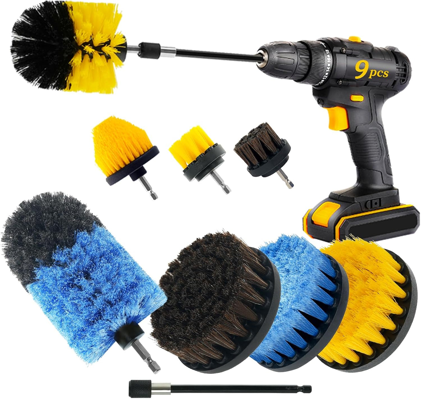 9 Pcs Drill Brush Attachments Set Fluffy Soft and Hard Bristles Horsehair Brush Cleaning Kit for Home Bathroom Car Kitchen Corners Sink Stubborn Stains Tiles