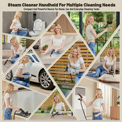 Gautye Steam Cleaner, 3 Level Adjustable Handle with 15 Accessories, Black | 15s Heat Up, 1.69 Quarts Tank, Handle Steam Cleaner for Home, Steamer for Cleaning for Kitchen, Grout, Dirt, Tile, Floor, Car