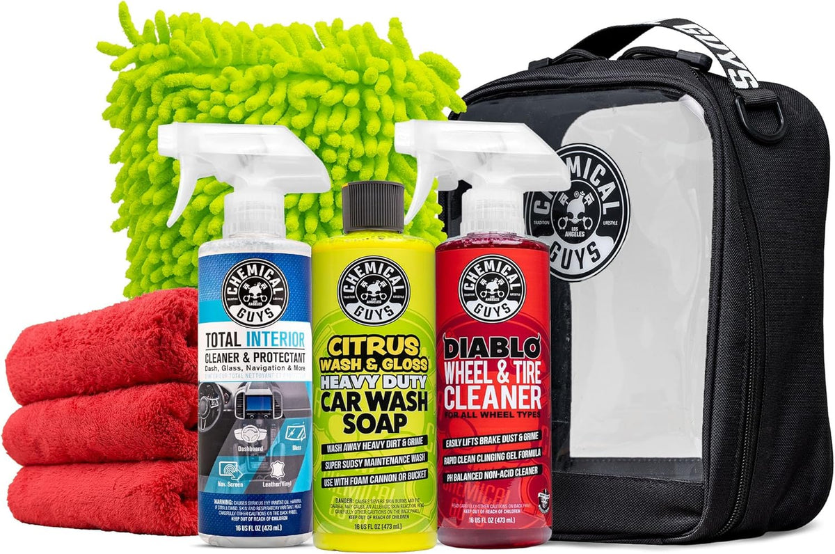 Chemical Guys Car Cleaning Kit - with Car Wash Soap, Wheel Cleaner, Total Interior, Car Wash Mitt - Interior and Exterior Wash Kit with Vehicle Cleaning and Detailing Accessories - 7 Item Kit