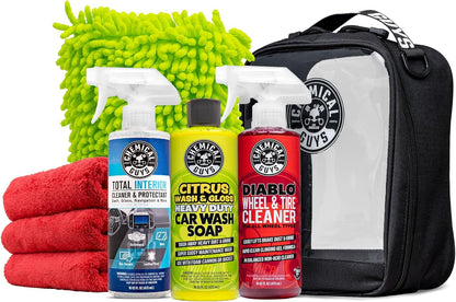 Chemical Guys Car Cleaning Kit - with Car Wash Soap, Wheel Cleaner, Total Interior, Car Wash Mitt - Interior and Exterior Wash Kit with Vehicle Cleaning and Detailing Accessories - 7 Item Kit