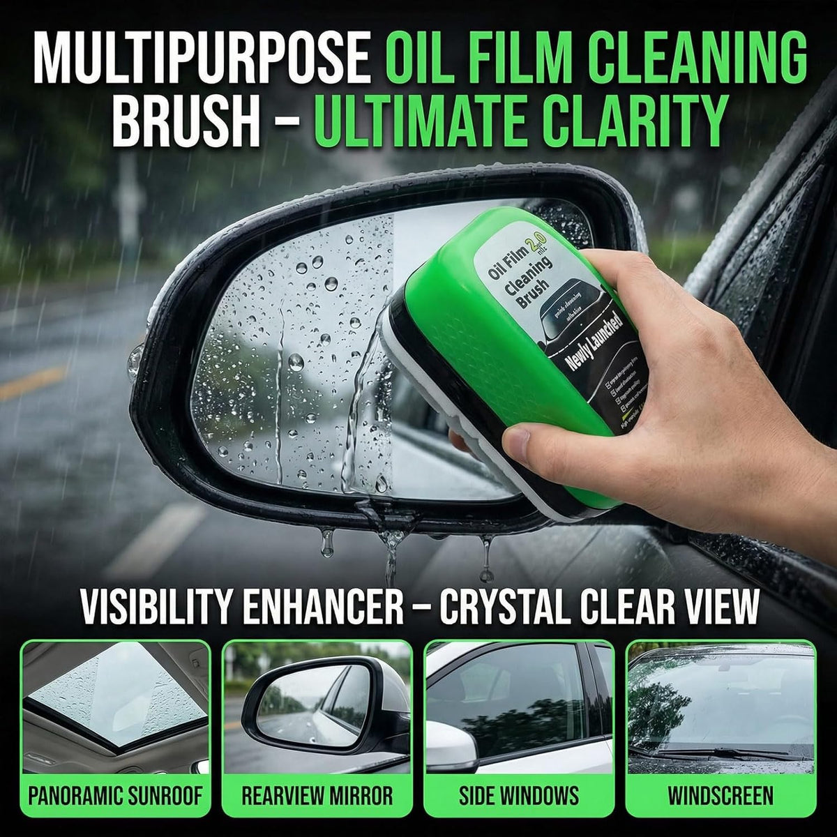 Automotive Oil Film Cleaning Brush for Car Windows, Car Windshield Cleaner Brush for Cleaning Car Windshield, Clear Vision Glass Cleaner with Anti-Rain & Anti-Fog Coating, Green
