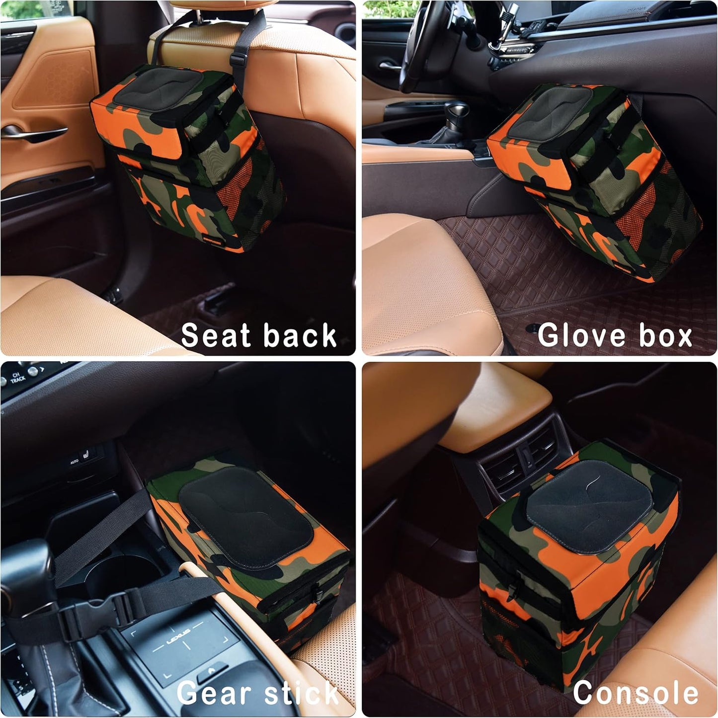 SIBOFUEGO Cute Car Trash Can with Lid – Multipurpose Collapsible Trash Bin for Car, Leak-Proof Organizer, Waterproof Garbage Can with Storage Pockets & Adjustable Straps, 2 Gallons (Black Leopard)