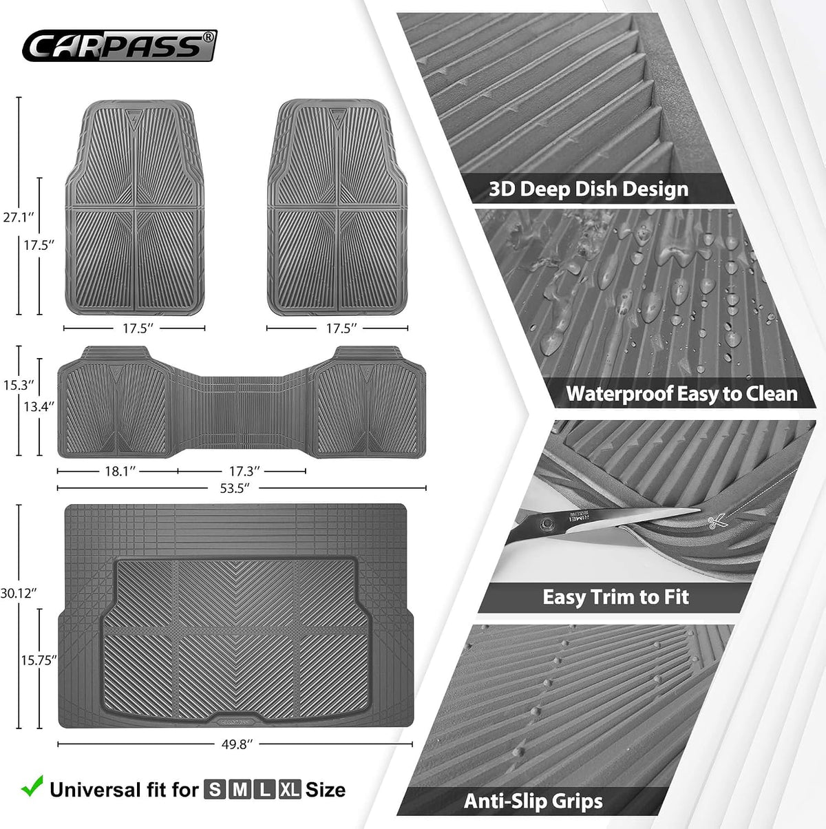 CAR PASS Rubber Floor Mats, All Weather Waterproof Trim-to-Fit Automotive Mats for Cars Trucks SUV, Anti-Slip Easy Clean, Heavy Duty Full Set 3-Piece, All Black