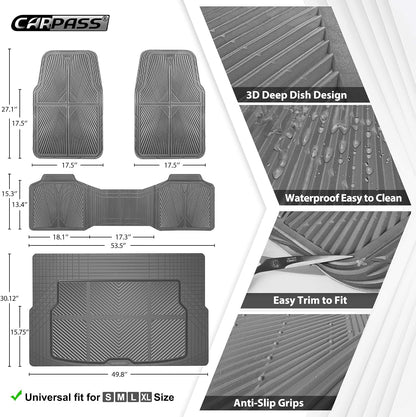 CAR PASS Rubber Floor Mats, All Weather Waterproof Trim-to-Fit Automotive Mats for Cars Trucks SUV, Anti-Slip Easy Clean, Heavy Duty Full Set 3-Piece, All Black