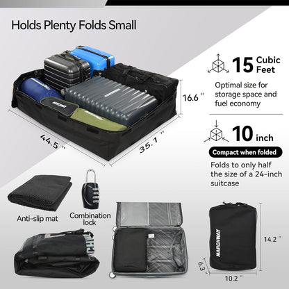 MARCHWAY Waterproof Car Roof Luggage Bag, Weatherproof Soft Shell Rooftop Cargo Carrier Bag for Vehicles with or Without Rack. 6 Door Hooks, Anti Slip Mat, Lock Included (21 Cubic Feet, Black)