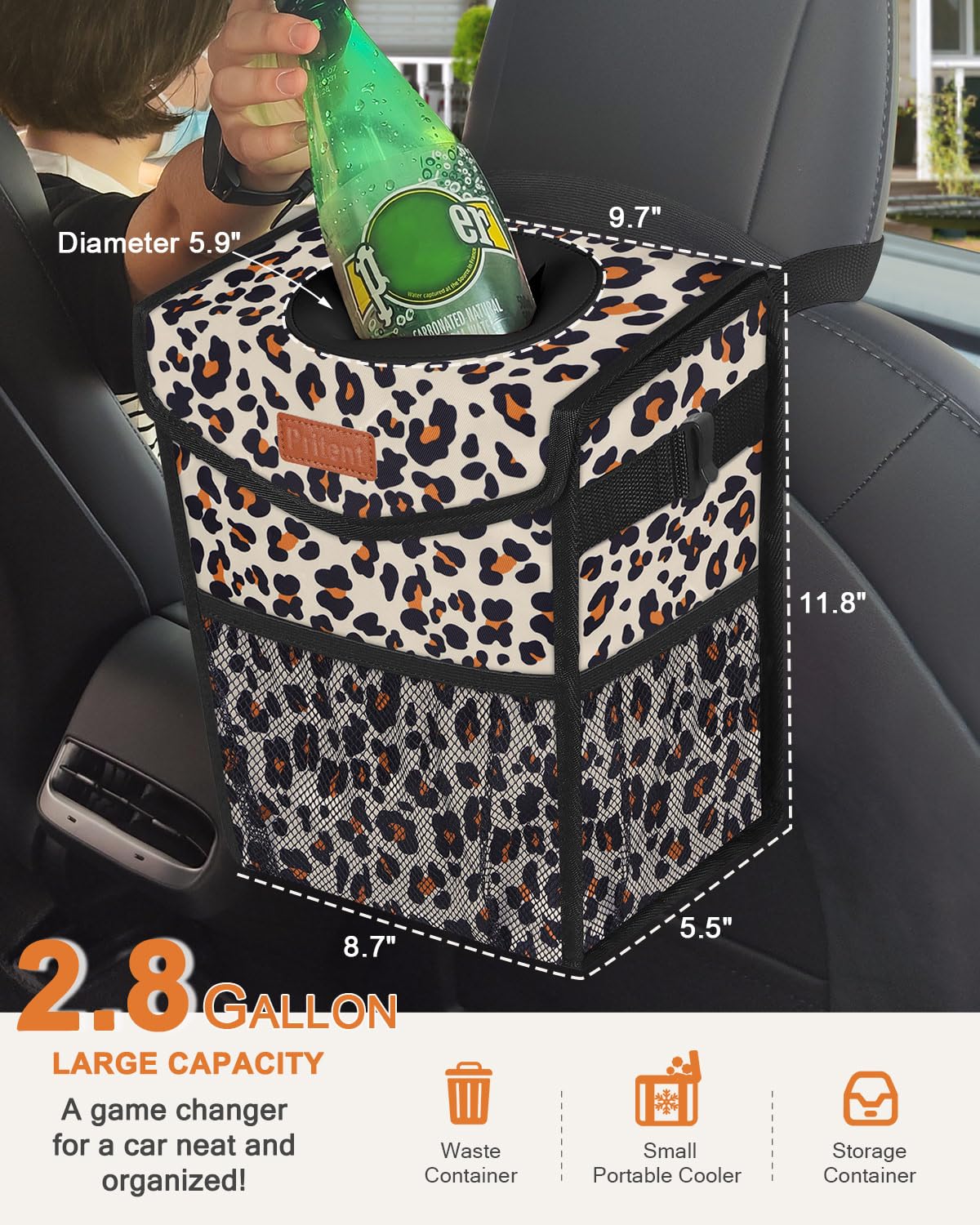 Pritent Car Trash Can with Lid, Cute Leakproof Car Trash Garbage Bag Hanging Vehicle Trash Bin Small Portable Automotive Garbage Cans Organizer for Back/Front Seat/Console(Trapezoid,Black)